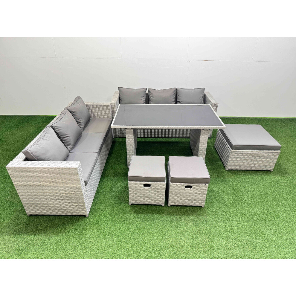 B&Q - Rattan Garden Furniture Dining Set 9-Seater Patio Rectangular Table Sofa Set With 3 Stools Light Grey - Image 2