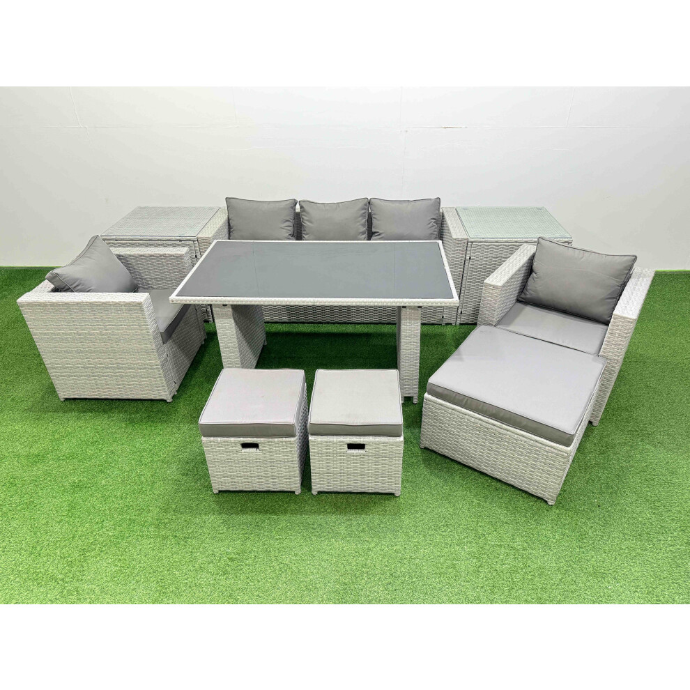 Fimous Patio Garden Furniture Sets with Black Glass Top Dining Table Armchair 3 Seater Sofa 2 Side Tables 3 Stool Light Grey
