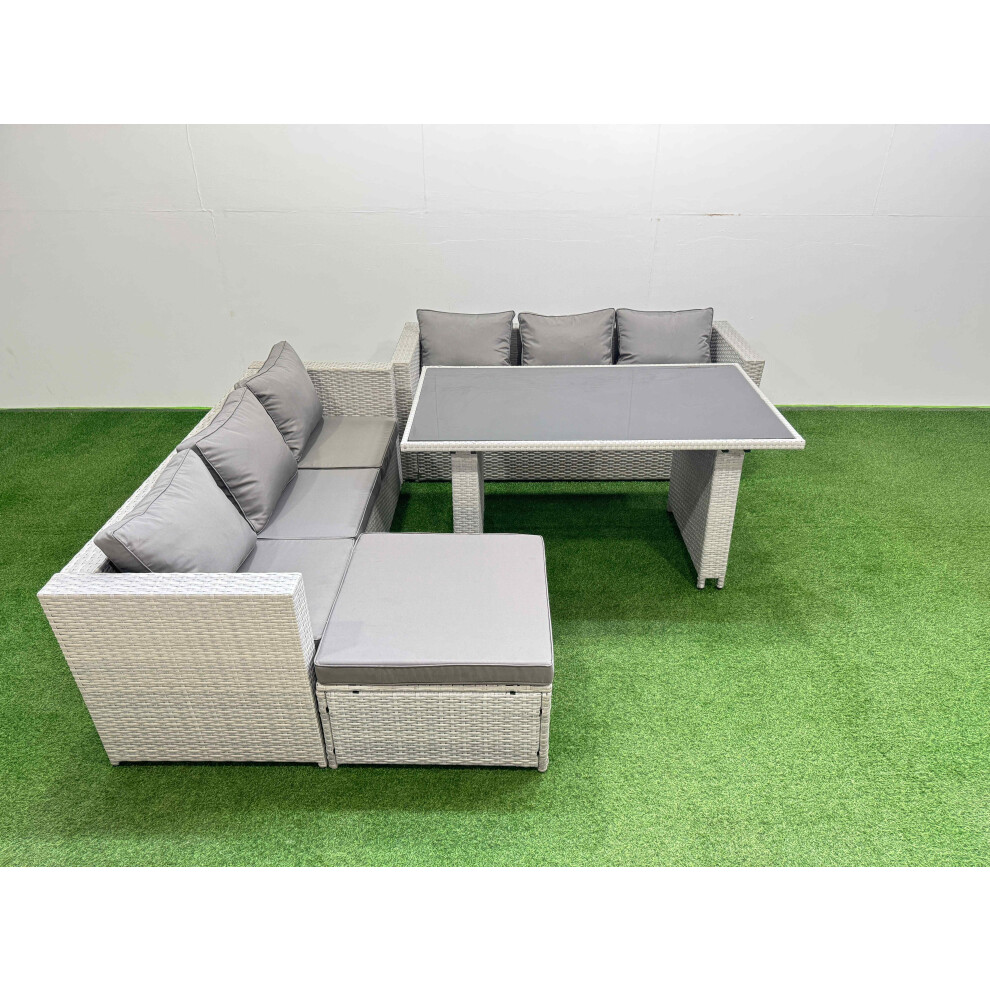 Rackhams Light/Grey Rattan Garden Furniture Dining Set 7 Seater Patio Rectangular Table Sofa Set With Big Stool - Image 2