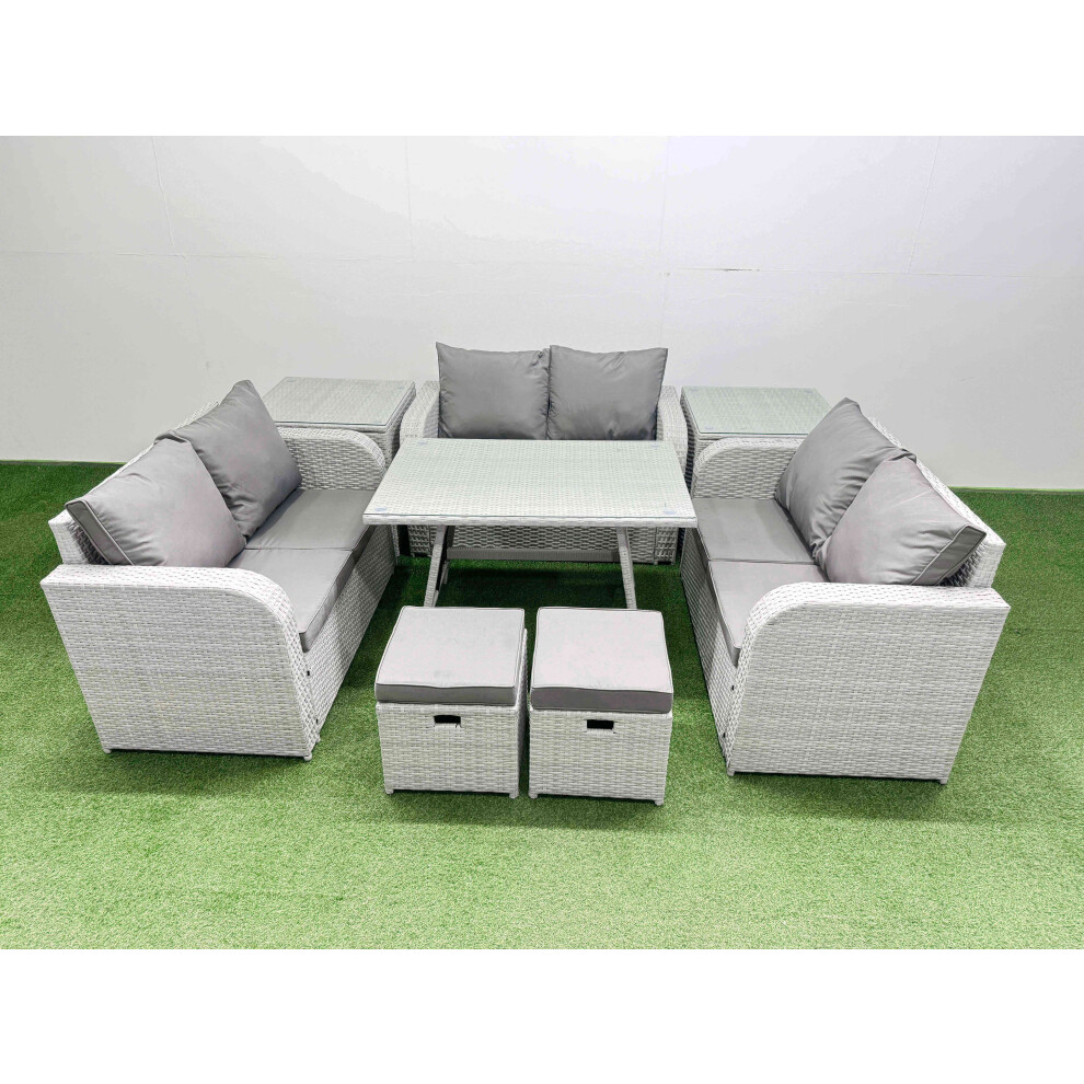 Rackhams Dark/Grey/Light Rattan Garden Furniture Dining Set 8 Seater Patio Rectangular Table Love Sofa Set With 2 Side Tables 2 Small Stools - Image 2