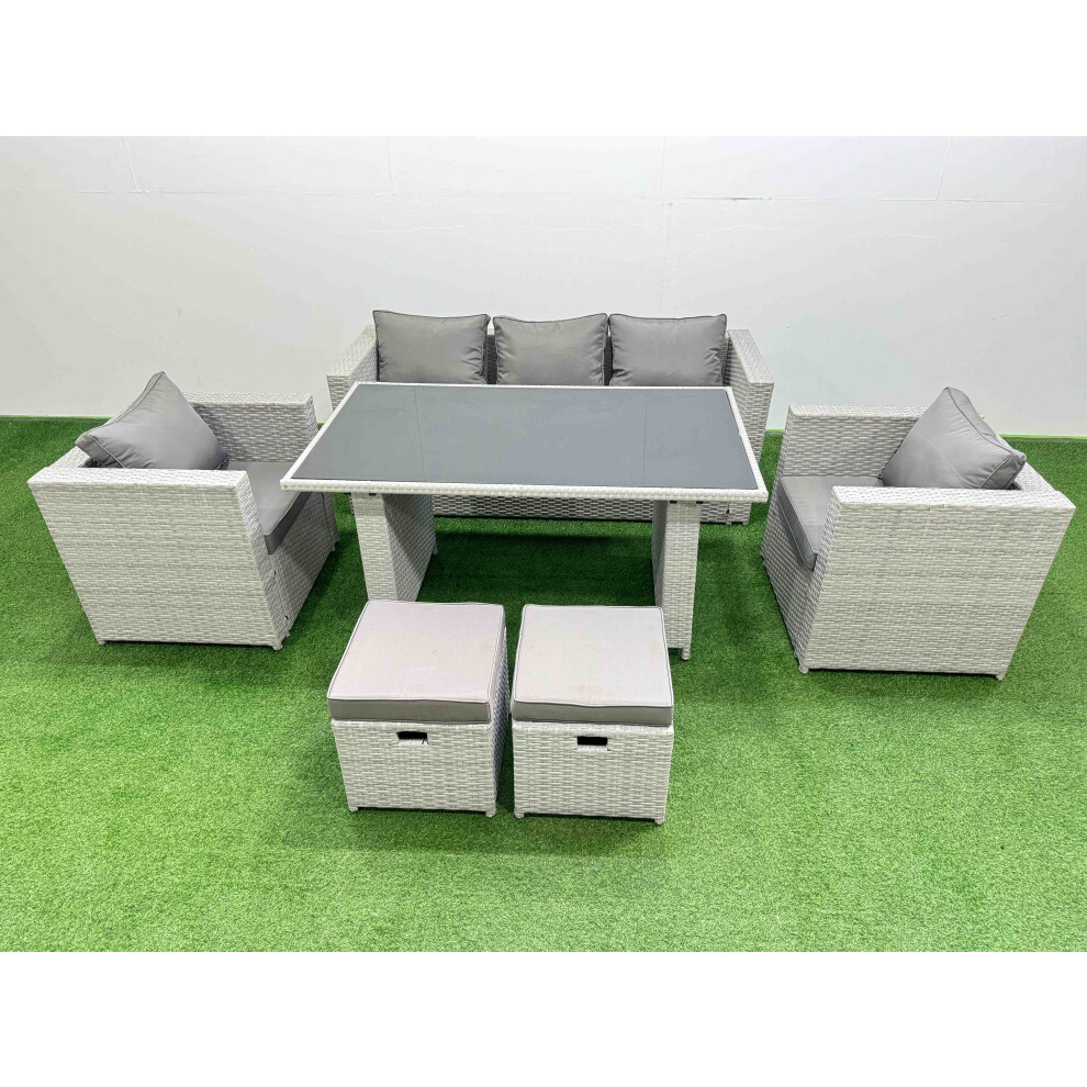 Fimous Patio Garden Furniture Sets with Black Glass Top Dining Table Armchair 3 Seater Sofa 2 Small Stool Light Grey
