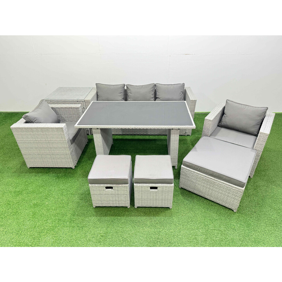 Fimous Patio Garden Furniture Sets with Black Glass Top Dining Table Armchair 3 Seater Sofa Side Table 3 Stool Light Grey