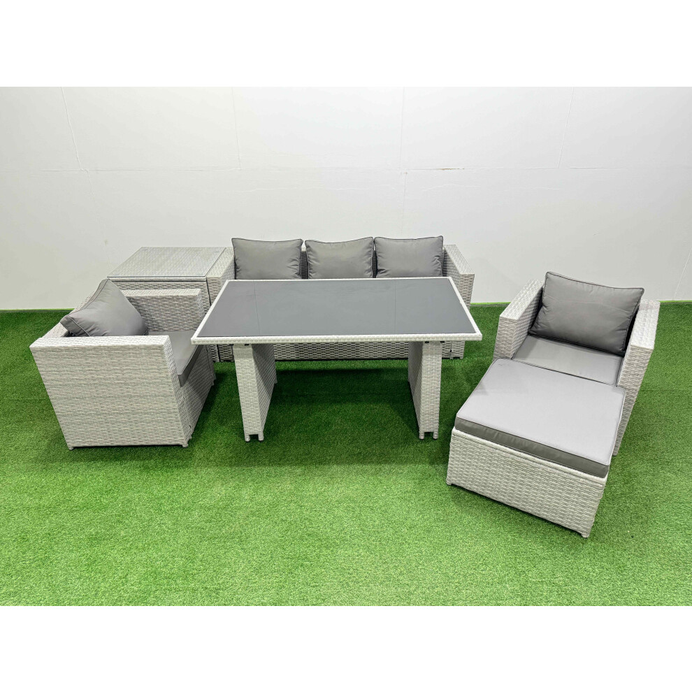 Fimous Patio Garden Furniture Sets with Black Glass Top Dining Table Armchair 3 Seater Sofa Side Table Big Stool Light Grey
