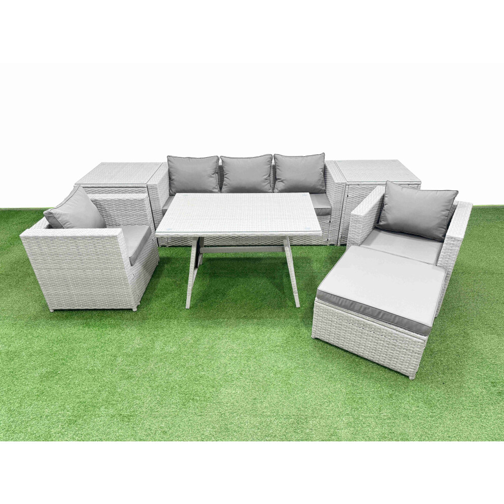 Fimous 8 Pieces Outdoor PE Rattan Sofa Armchair Set Patio Garden Furniture Sets with Cushions 2 Side Tables Big Stool Light Grey
