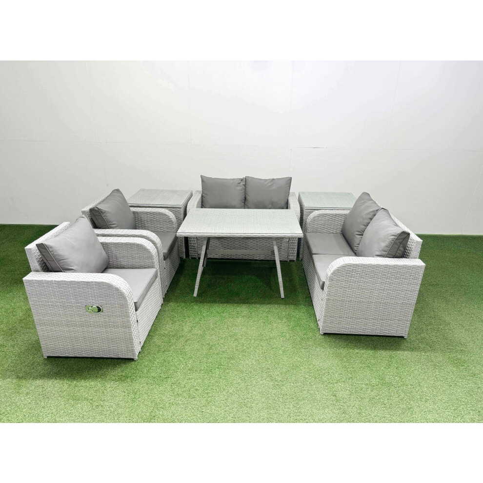 Fimous 6 Seater Rattan Garden Furniture Set Outdoor Love Sofa Set with Rectangular Dining Table 2 Side Tables Light Grey