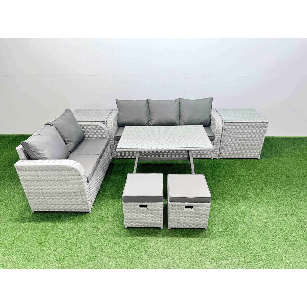 Fimous Outdoor PE Rattan Garden Furniture Set Rectangular Dining Table Sofa Set with 2 Small Stool 2 Side Tables Light Grey