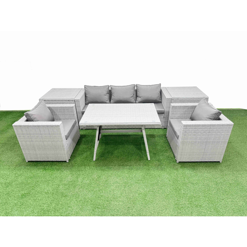 Fimous Outdoor PE Rattan Sofa Armchair Set Patio Garden Furniture Sets with Cushions 2 Side Tables Light Grey 7 Pieces