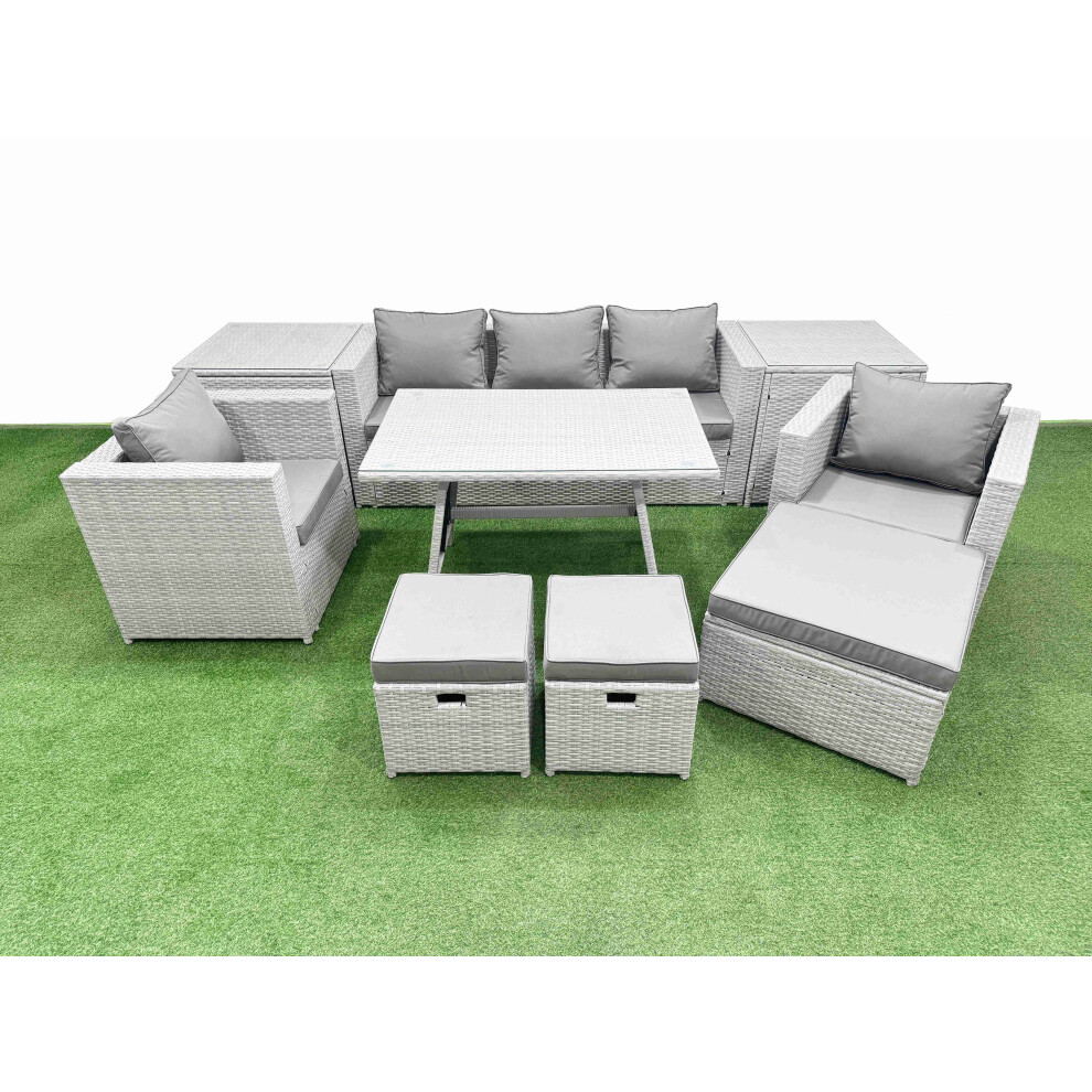 Fimous 10 Pieces Outdoor PE Rattan Sofa Armchair Set Patio Garden Furniture Sets with Cushions 2 Side Tables 3 Stools Light Grey