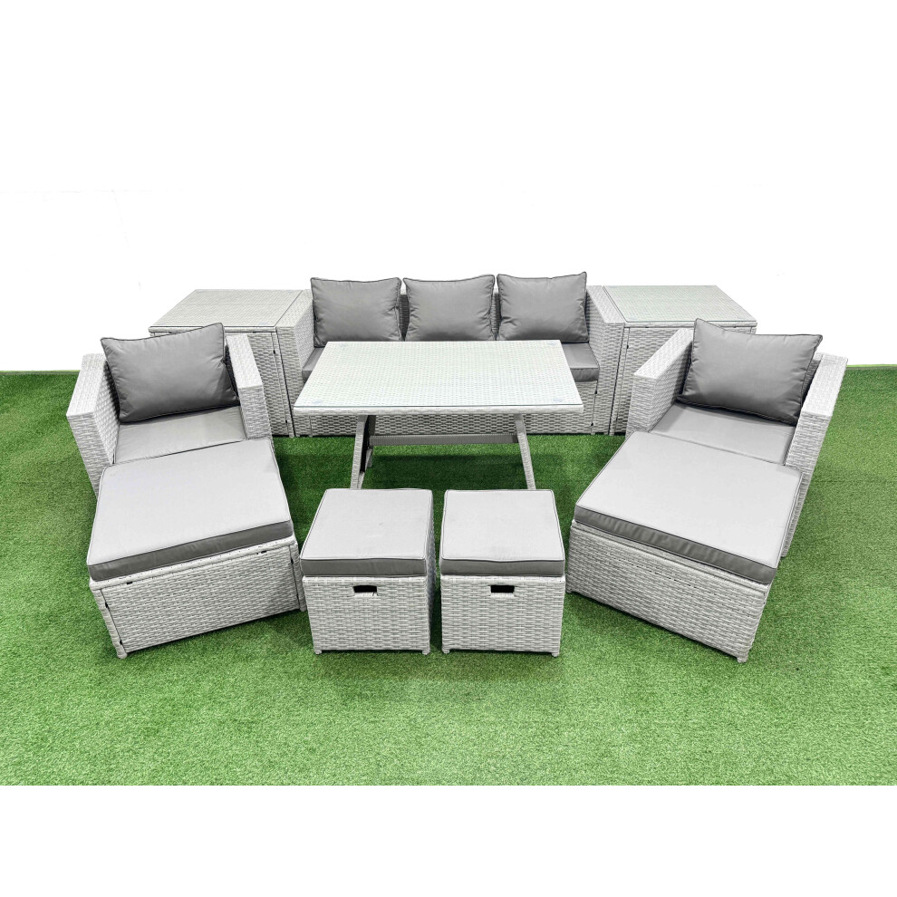 Fimous 10 Pieces Outdoor PE Rattan Sofa Armchair Set Patio Garden Furniture Sets with Cushions 2 Side Tables 4 Stools Light Grey