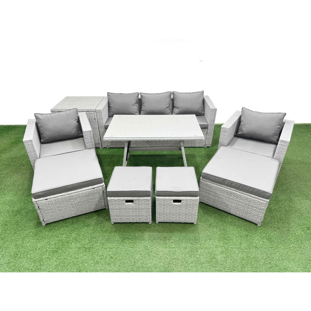 Fimous 9 Pieces Outdoor PE Rattan Sofa Armchair Set Patio Garden Furniture Sets with Cushions Side Table 4 Stools Light Grey
