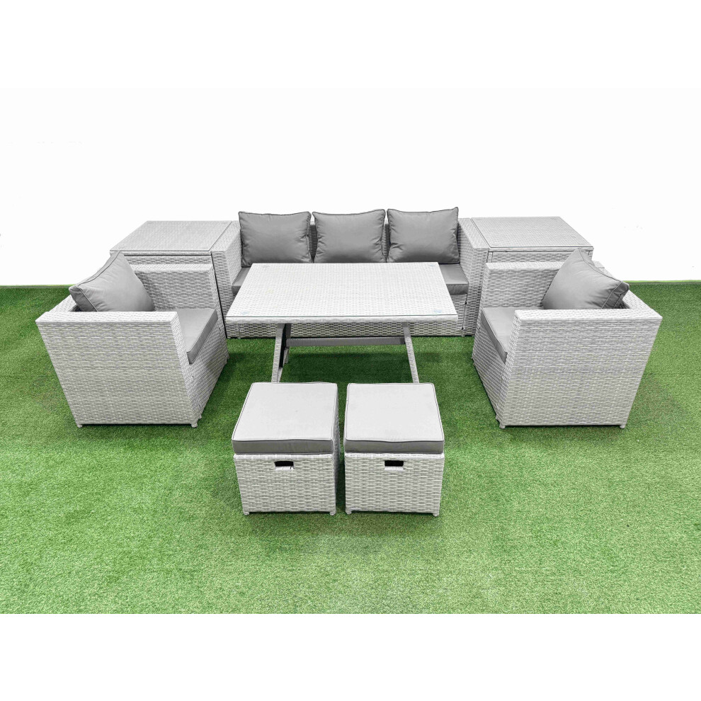 Fimous 9 Pieces Outdoor PE Rattan Sofa Armchair Set Patio Garden Furniture Sets with Cushions 2 Side Tables 2 Small Stools Light Grey