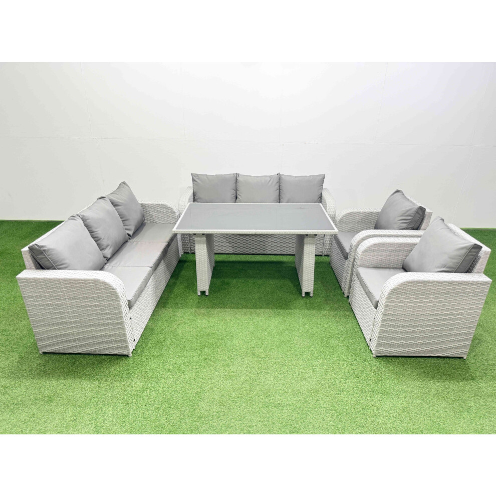 Fimous 8 Seater Wicker PE Rattan Furniture Outdoor Dining Table 3 Seater Sofa Reclining Chair Set Light Grey