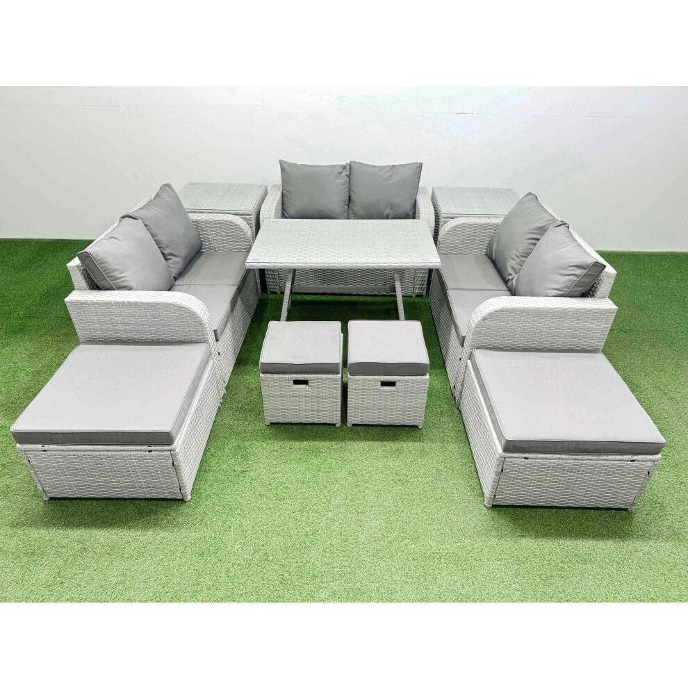 Fimous 10 Seater Patio Garden Furniture Sets with Dining Table Love Sofa 2 Side Tables 4 Stools Light Grey