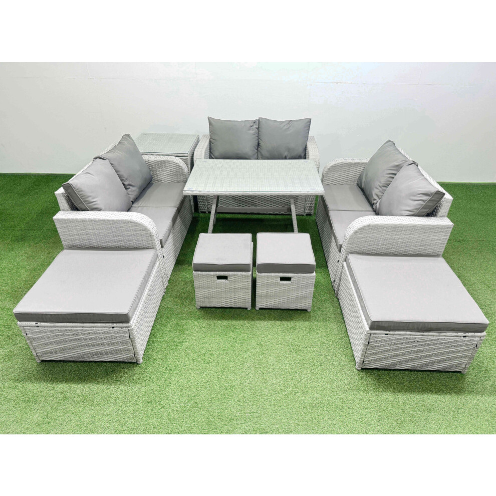 Fimous 10 Seater Patio Garden Furniture Sets with Dining Table Love Sofa Side Table 4 Stools Light Grey