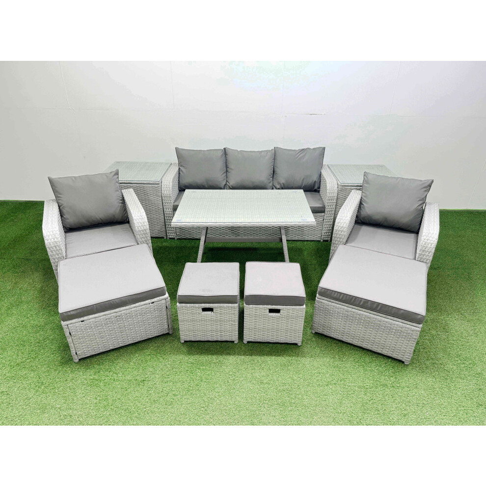 Fimous Rattan Garden Furniture Dining Set 9-seater Patio Rectangular Table Sofa Set with 2 Side Tables 4 Stools Light Grey