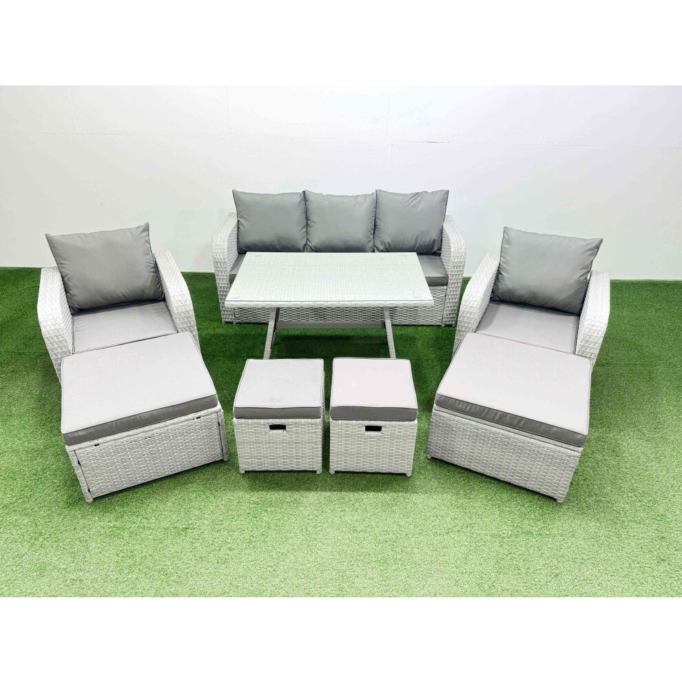 Fimous Rattan Garden Furniture Dining Set 9-seater Patio Rectangular Table Sofa Set with 4 Stools Light Grey