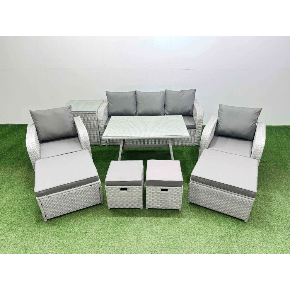 Fimous Light/Grey Rattan Garden Furniture Dining Set 9 Seater Patio Rectangular Table Sofa Set With Side Table 4 Stools - Image 2
