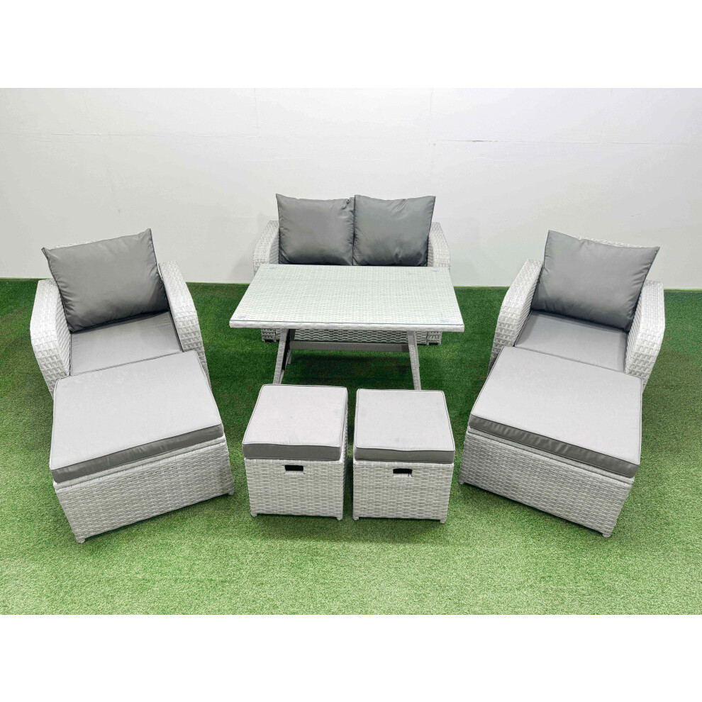 Fimous Rattan Garden Furniture Dining Set 8-seater Patio Rectangular Table Sofa Set with 4 Stools Light Grey