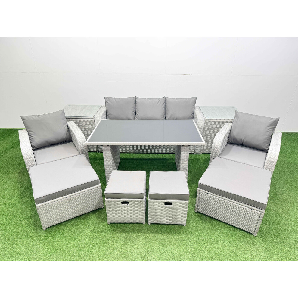 Fimous 9 Seater Patio Garden Furniture Sets with Black Glass Top Dining Table Love Sofa 2 Side Tables 4 Stools Light Grey