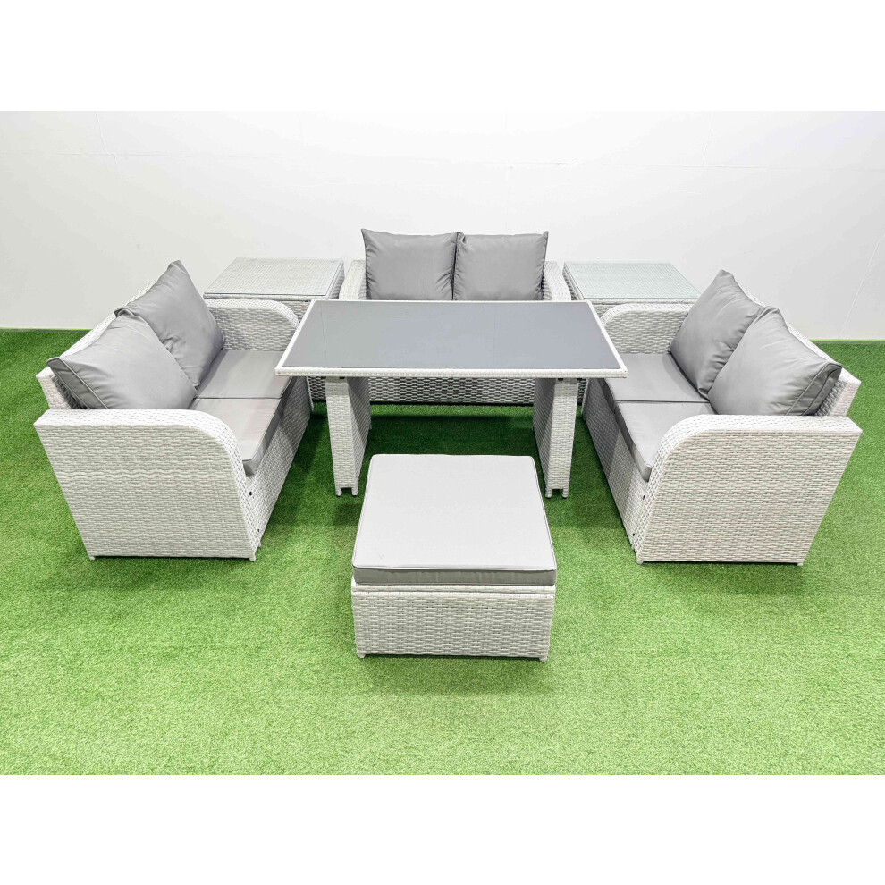 Fimous 7 Seater Patio Garden Furniture Sets with Black Glass Top Dining Table Love Sofa 2 Side Tables Big Stool Light Grey