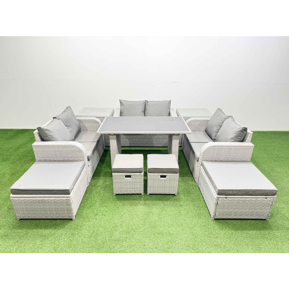 Fimous 10 Seater Patio Garden Furniture Sets with Black Glass Top Dining Table Love Sofa 4 Stools Light Grey