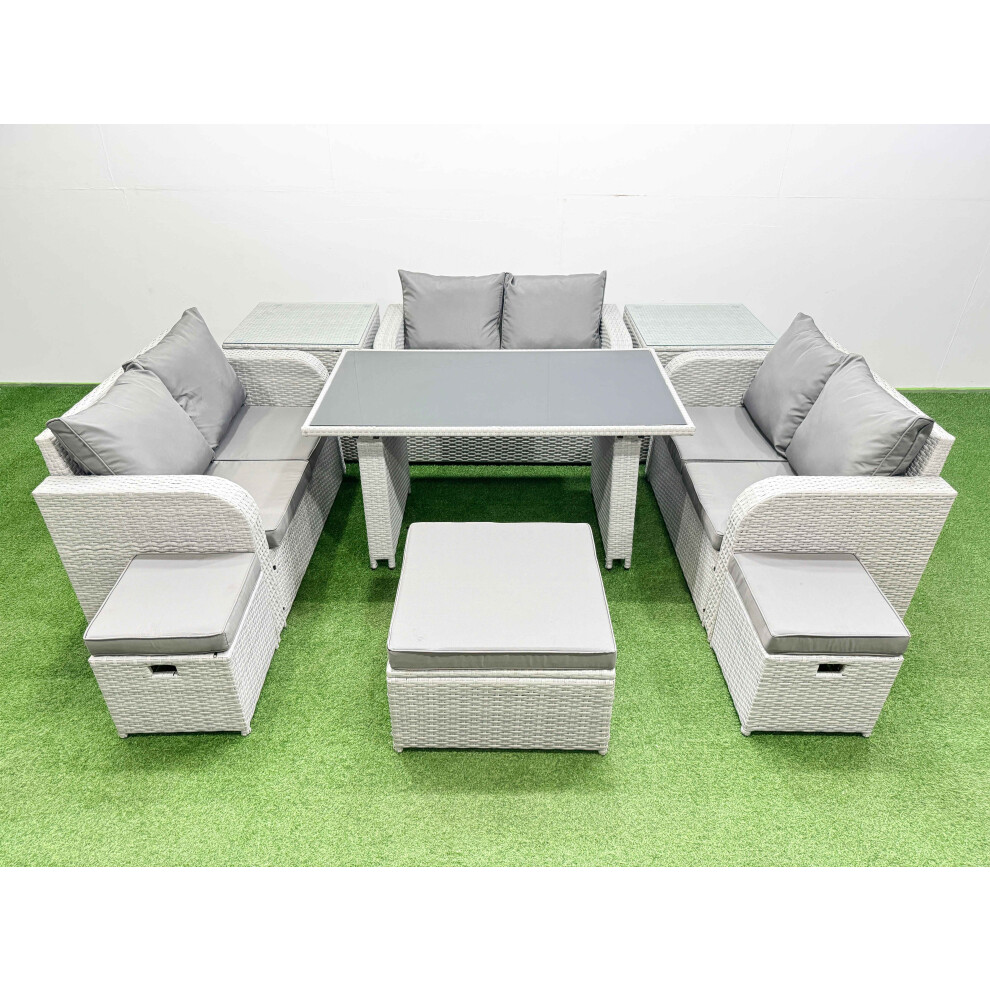 Fimous 9 Seater Patio Garden Furniture Sets with Black Glass Top Dining Table Love Sofa 2 Side Tables 3 Stool Light Grey