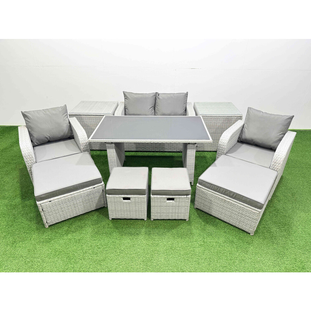 Fimous 8 Seater Patio Garden Furniture Sets with Dining Table Love Sofa 2 Side Tables 4 Stools Light Grey