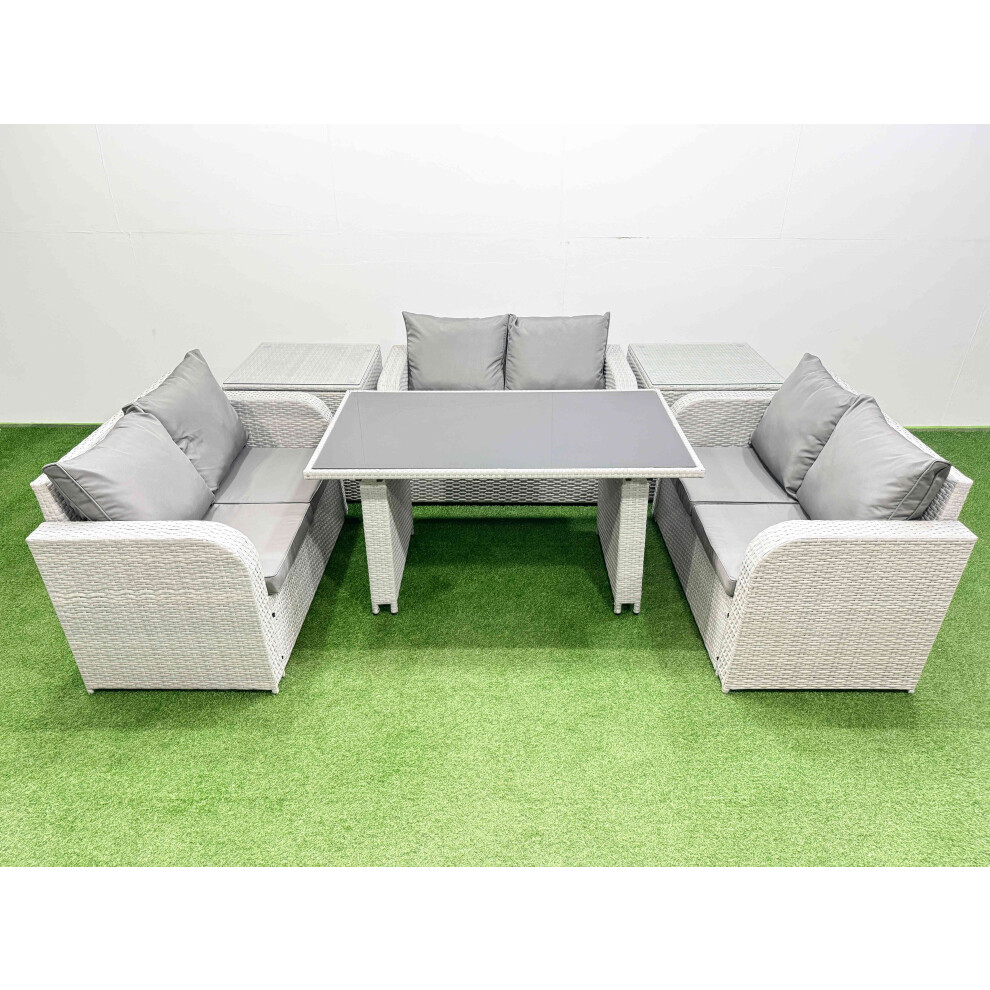 Fimous 6 Seater Patio Garden Furniture Sets with Black Glass Top Dining Table Love Sofa 2 Side Tables Light Grey