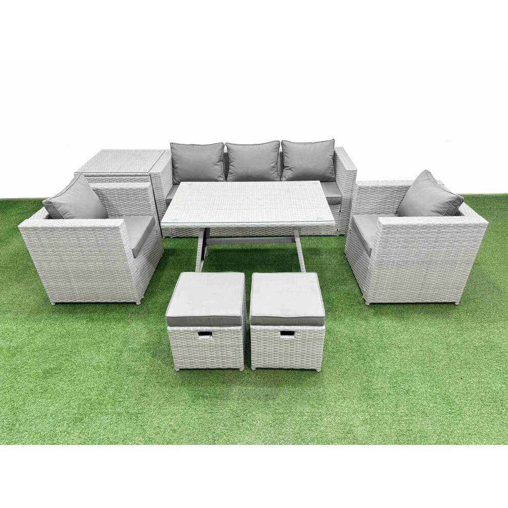 Fimous 8 Pieces Outdoor PE Rattan Sofa Armchair Set Patio Garden Furniture Sets with Cushions Side Table 2 Small Stools Light Grey