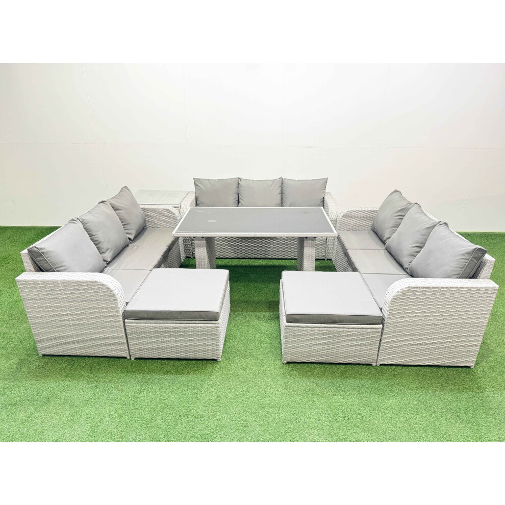Fimous Patio Garden Furniture Sets with Black Glass Top Dining Table 3 Seater Sofa Side Table 2 Big Stool Light Grey
