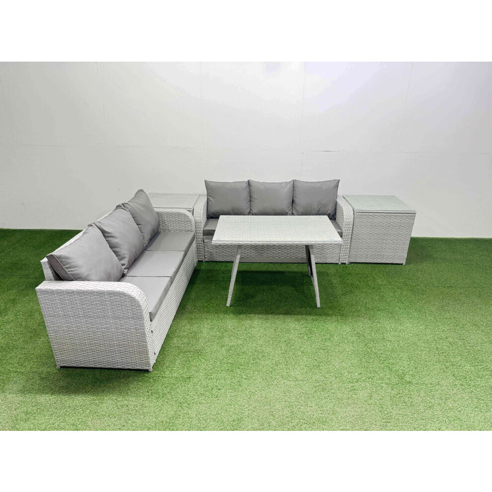 Fimous Patio Dining Table & Chairs Set Rattan High Back Lounge Sofa Set with 3 Seater Sofa 2 Side Tables Light Grey