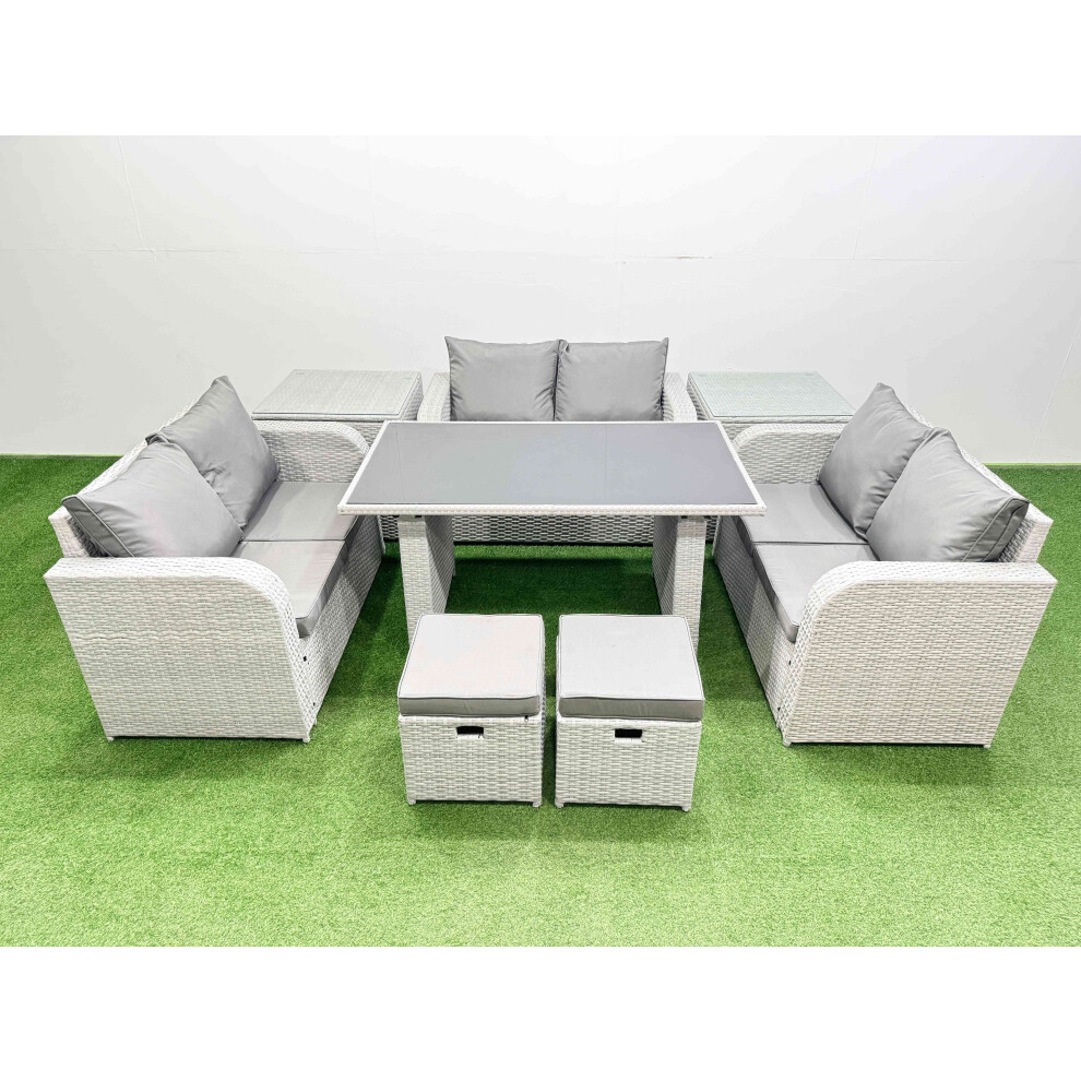 Fimous 8 Seater Patio Garden Furniture Sets with Black Glass Top Dining Table Love Sofa 2 Side Tables 2 Small Stool Light Grey
