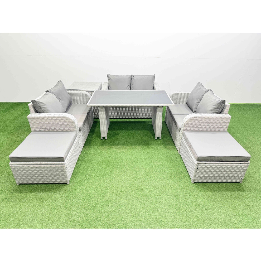 Fimous 8 Seater Patio Garden Furniture Sets with Black Glass Top Dining Table Love Sofa Side Table 2 Big Stool Light Grey