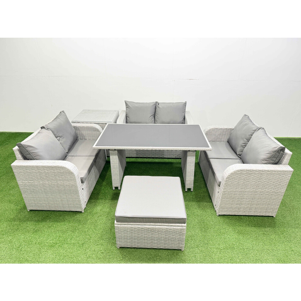 Fimous 7 Seater Patio Garden Furniture Sets with Black Glass Top Dining Table Love Sofa Side Table Big Stool Light Grey-image-OPC-PH82G9C-NEW