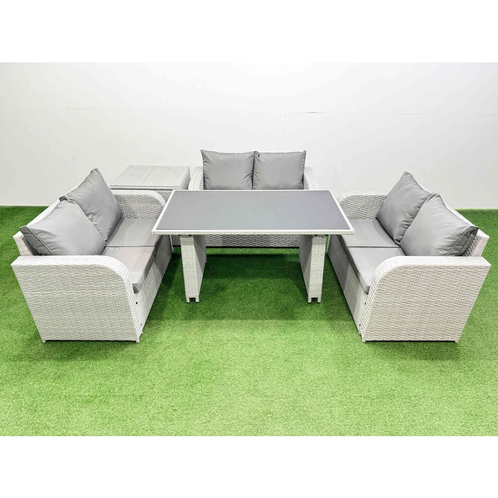 Fimous 6 Seater Patio Garden Furniture Sets with Black Glass Top Dining Table Love Sofa Side Table Light Grey
