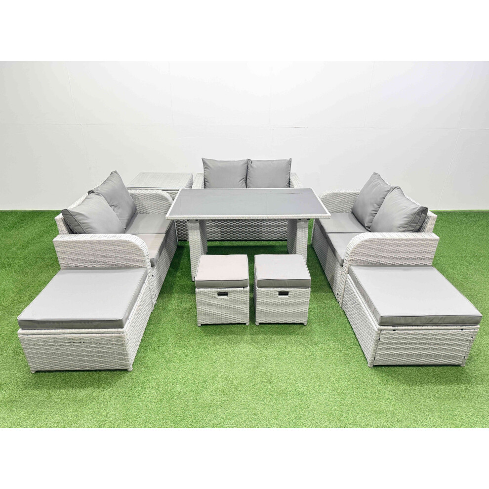 Fimous 10 Seater Patio Garden Furniture Sets with Black Glass Top Dining Table Love Sofa Side Table 4 Stools Light Grey-image-OPC-PH82G9G-NEW