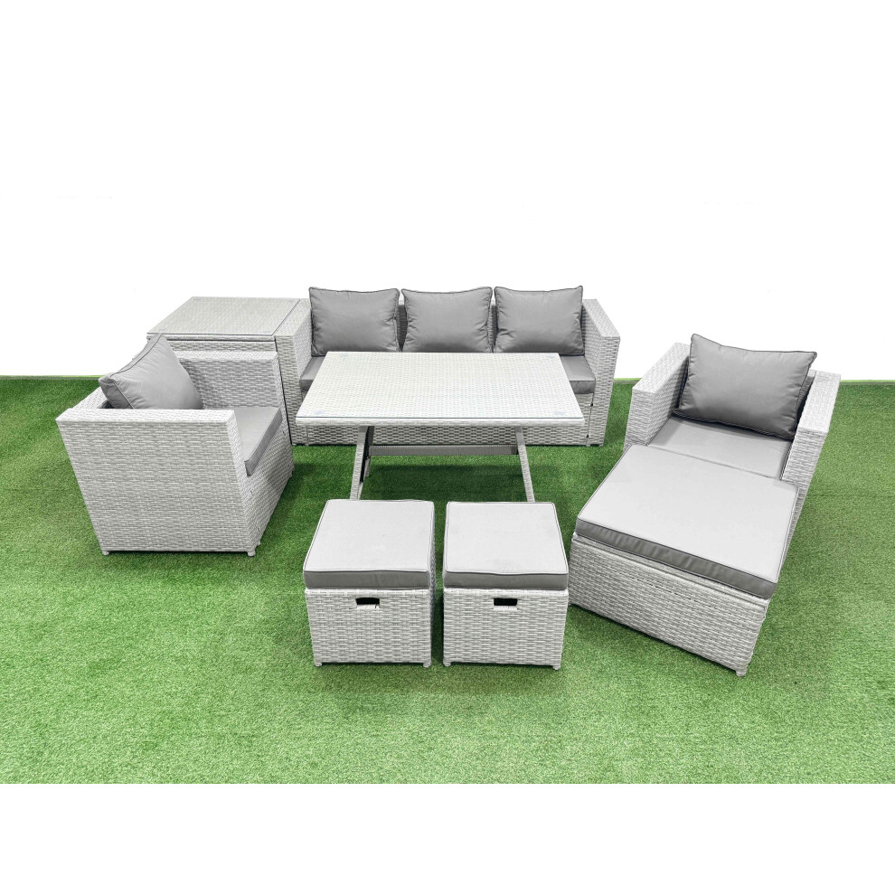 Fimous 9 Pieces Outdoor PE Rattan Sofa Armchair Set Patio Garden Furniture Sets with Cushions Side Table 3 Stools Light Grey