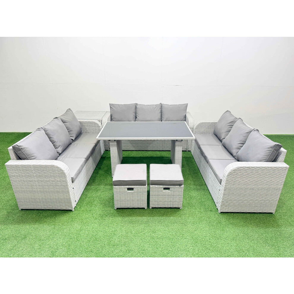 Fimous Patio Garden Furniture Sets with Black Glass Top Dining Table 3 Seater Sofa Side Table 2 Small Stool Light Grey