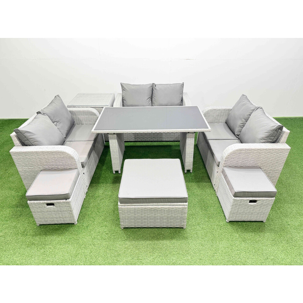 Fimous 9 Seater Patio Garden Furniture Sets with Black Glass Top Dining Table Love Sofa Side Table 3 Stool Light Grey