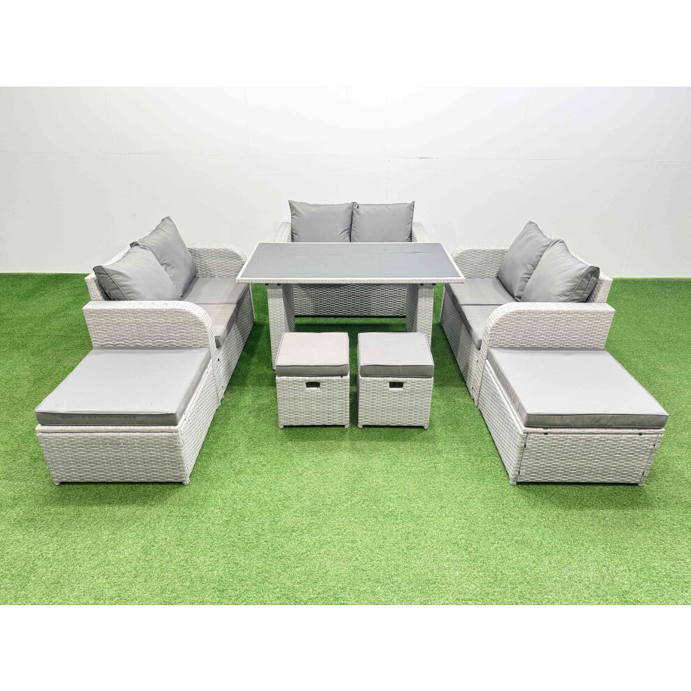 Fimous 10 Seater Patio Garden Furniture Sets with Black Glass Top Dining Table Love Sofa 2 Side Tables 4 Stools Light Grey