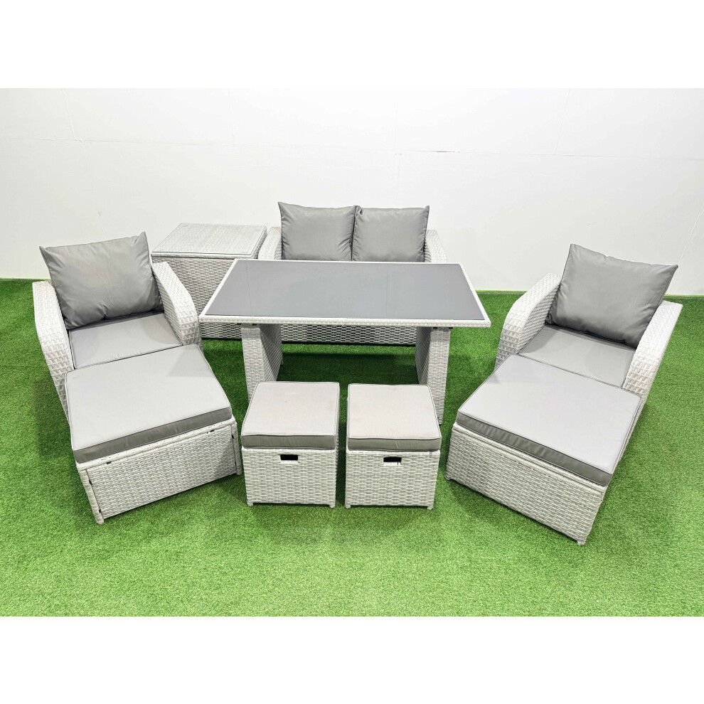 Fimous 8 Seater Patio Garden Furniture Sets with Dining Table Love Sofa Side Table 4 Stools Light Grey