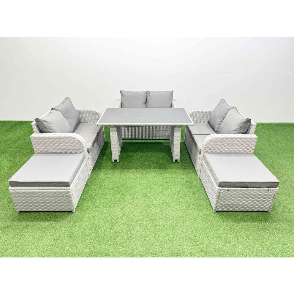 Fimous 8 Seater Patio Garden Furniture Sets with Black Glass Top Dining Table Love Sofa 2 Big Stool Light Grey