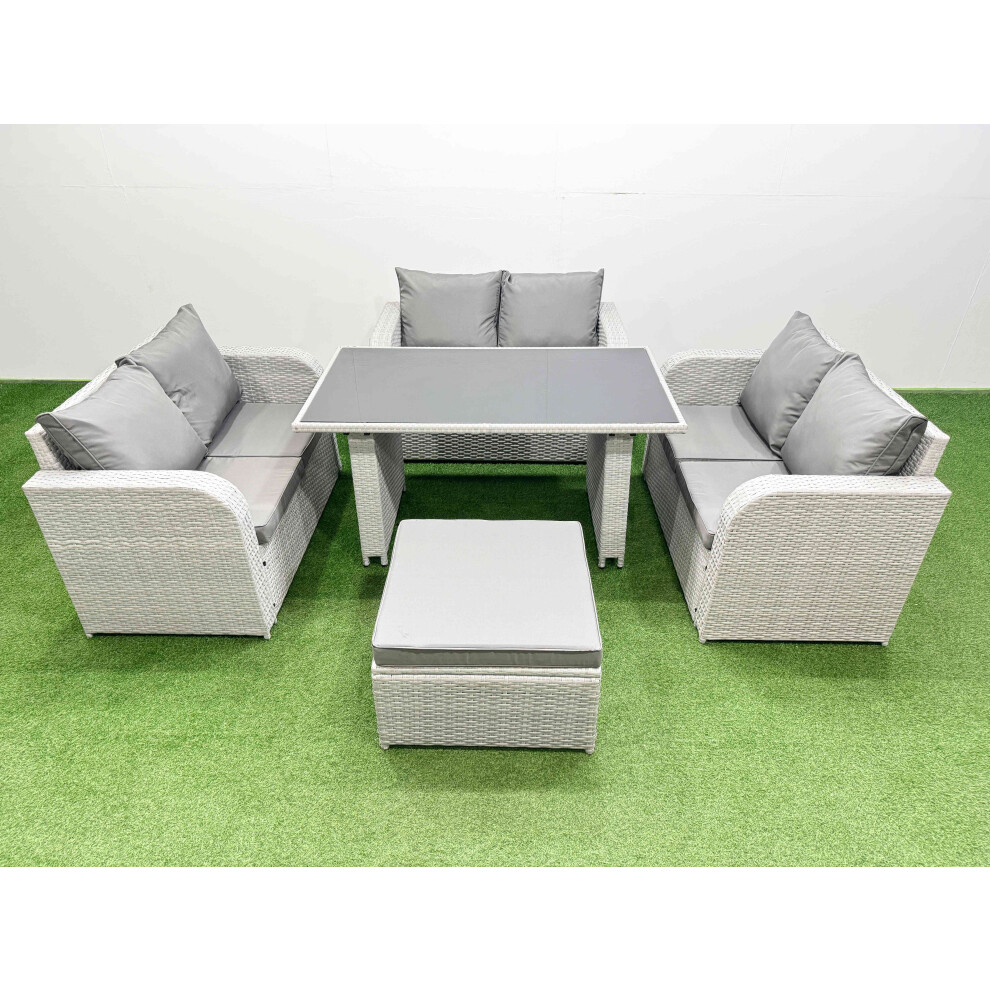 Fimous 7 Seater Patio Garden Furniture Sets with Black Glass Top Dining Table Love Sofa Big Stool Light Grey-image-OPC-PH82GBP-NEW
