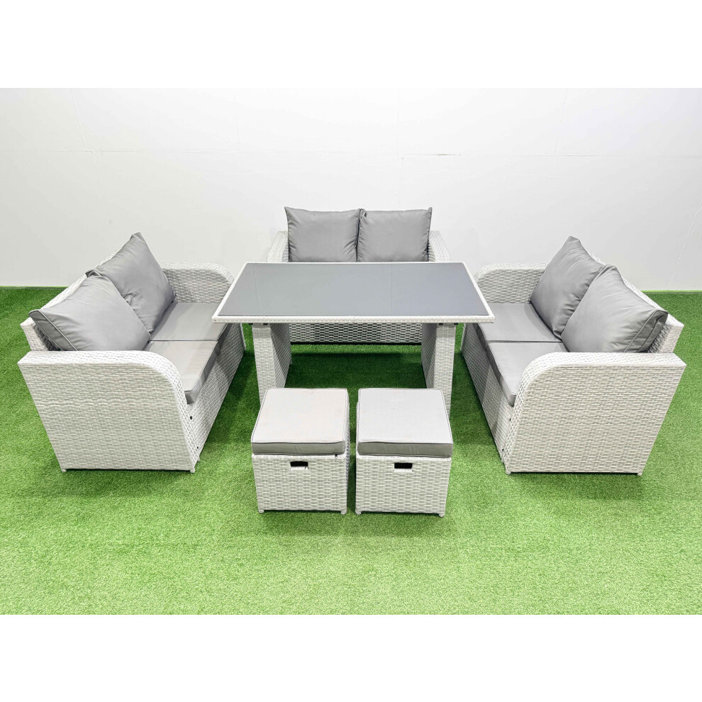 Fimous Black/Light/Grey 8 Seater Patio Garden Furniture Sets With Glass Top Dining Table Love Sofa 2 Small Stool - Image 2