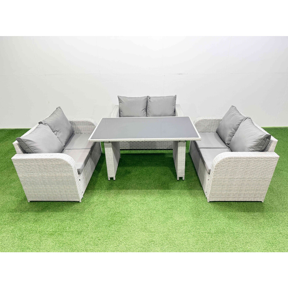 Fimous 6 Seater Patio Garden Furniture Sets with Black Glass Top Dining Table Love Sofa Light Grey
