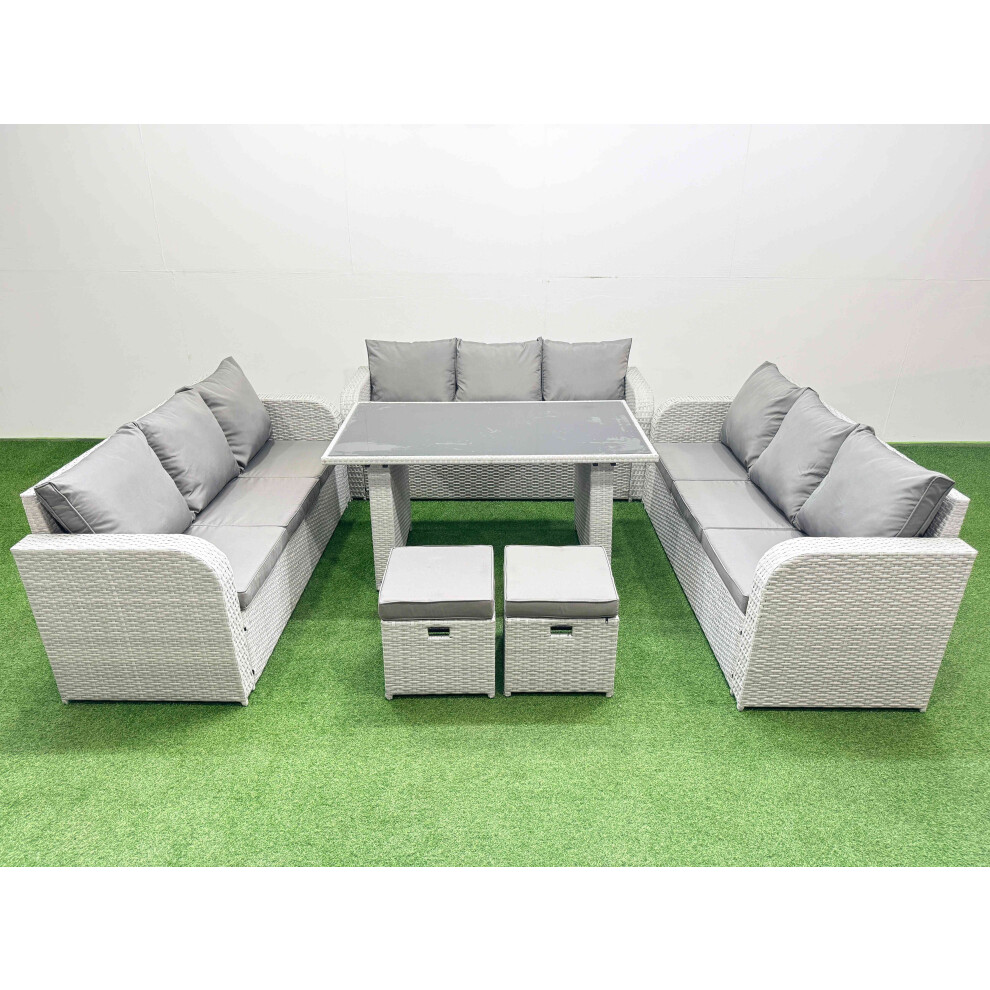 Fimous Patio Garden Furniture Sets with Black Glass Top Dining Table 3 Seater Sofa 2 Small Stool Light Grey