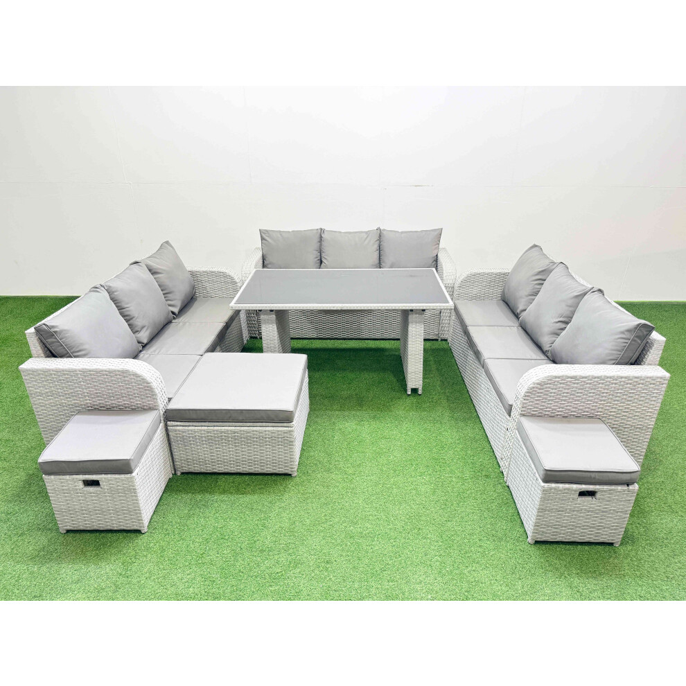 Fimous Patio Garden Furniture Sets with Black Glass Top Dining Table 3 Seater Sofa 3 Stool Light Grey