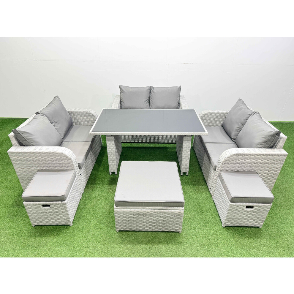 Fimous 9 Seater Patio Garden Furniture Sets with Black Glass Top Dining Table Love Sofa 3 Stool Light Grey