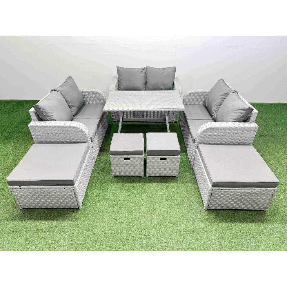 Fimous 10 Seater Patio Garden Furniture Sets with Dining Table Love Sofa 4 Stools Light Grey
