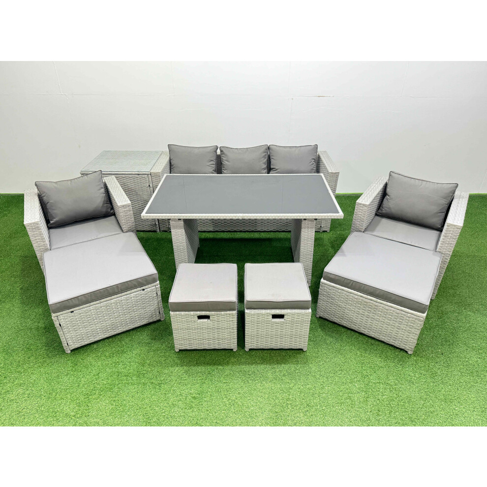 Fimous Patio Garden Furniture Sets with Black Glass Top Dining Table Armchair 3 Seater Sofa Side Table 4 Stools Light Grey